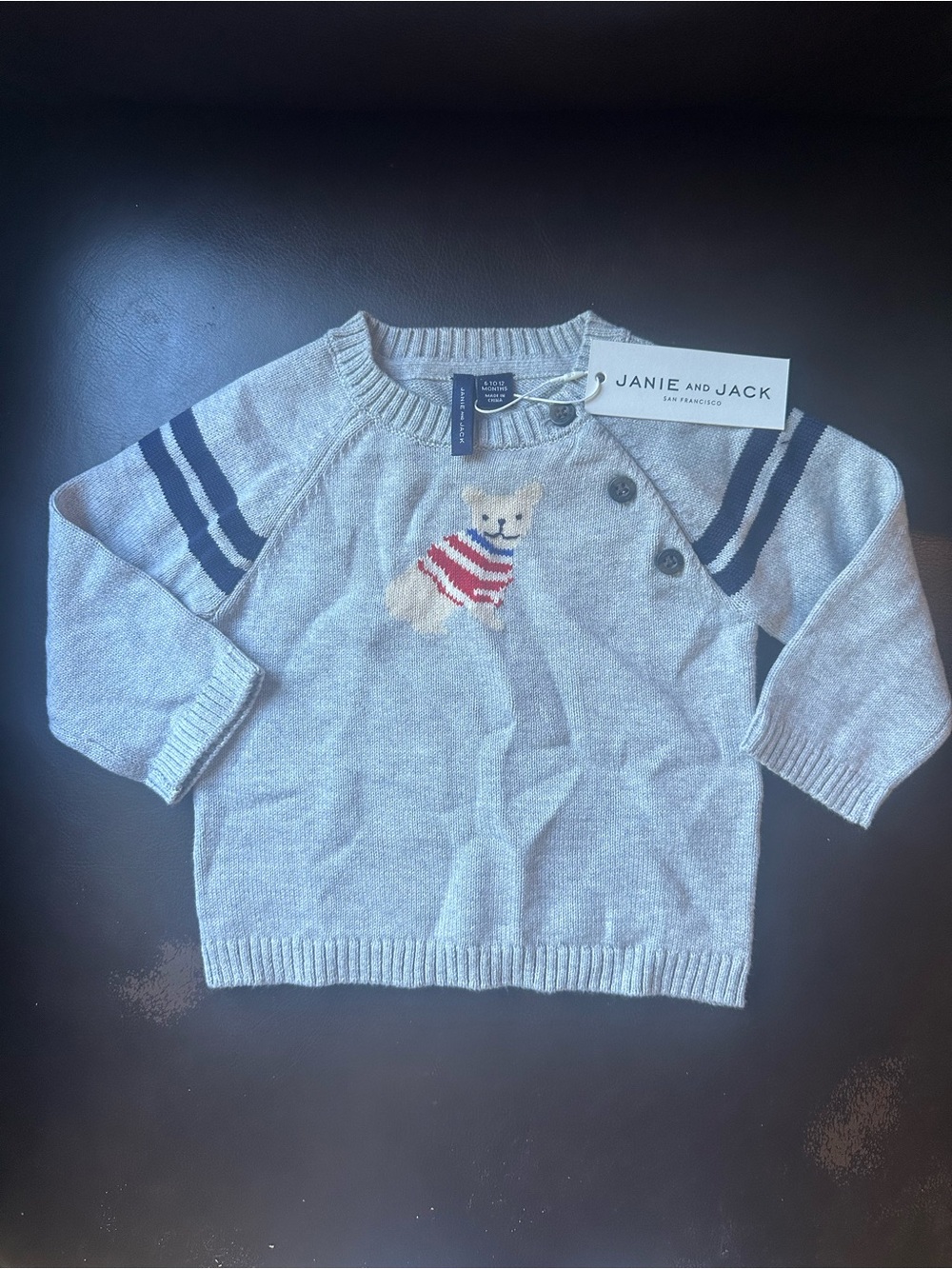 Janie and Jack Light Weight Gray Bear Knit Sweater with Navy Stripes, NWT, 6 mos